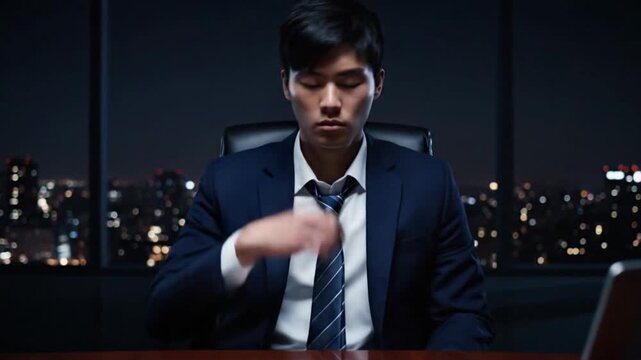 Focused young businessman in a modern office at night, adjusting his tie, embodying dedication, strategic thinking, and the demanding pace of a corporate career