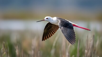 Obraz premium Black-winged stilt bird (Himantopus himantopus) in flight over a natural wetland habitat