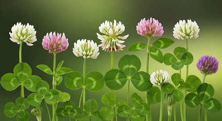 Wild white and pink clover flowers blooming in a lush green field with round full heads and trifoliate leaves, symbol of luck and nature.