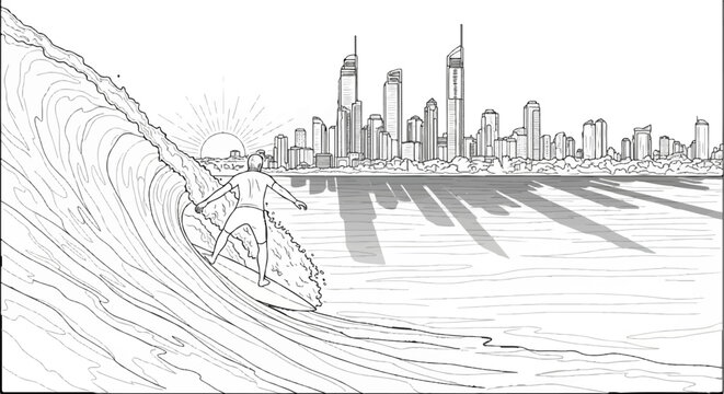 A lone surfer rides a breaking wave towards a distant cityscape at sunrise