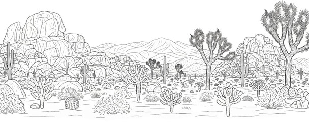 Obraz premium Line drawing of a diverse desert landscape with rocks, cacti, and mountains