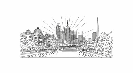 Fototapeta premium A city skyline unfolds along a tranquil river, with lush trees lining the banks