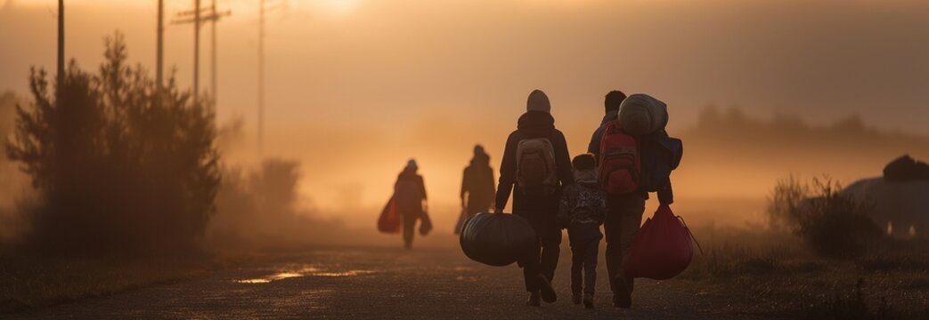 At daybreak, a refugee family arrives at a border crossing with their suitcases and backpacks full of necessities.