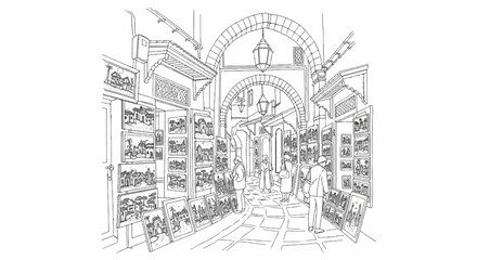 Obraz premium People browsing art displayed along an arched marketplace corridor