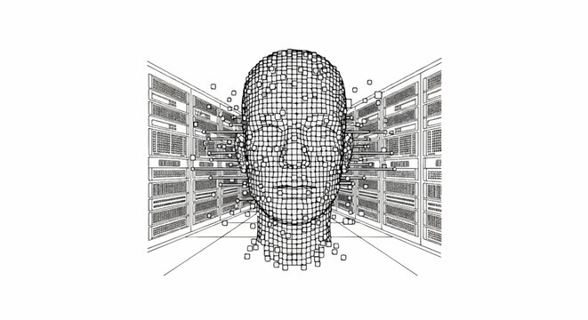 Pixelated human head emerging from server racks in digital space