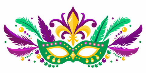 A vibrant mardi gras mask with feathers and colorful bead decorations © Tapan