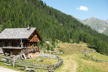 Italian alpine farmstead and mountain pasture in the Dolomites alps on a sunny summer day
