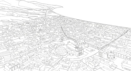 Obraz premium Wireframe sketch of a coastal town with mountains in the background