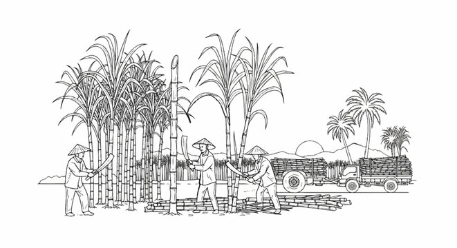 Workers harvest sugarcane in a field, loading stalks onto trucks