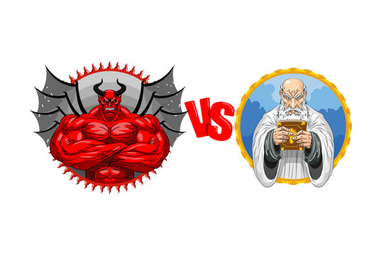 powerful red devil with wings facing God as a wise old man with a golden Bible. Concept of ultimate battle, good vs evil, and fantasy duel.