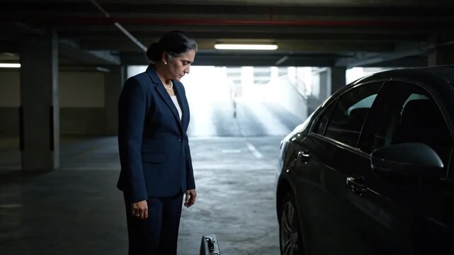 A thoughtful professional woman in a dark business suit stands somberly beside her elegant car within the subdued lighting of a modern underground parking facility, reflecting on her day
