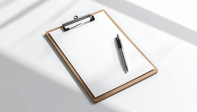 Professional office clipboard with blank paper and pen placed diagonally, business planning concept, ultra detailed realistic photography, soft studio lighting, subtle shadow, isolated on pure white b