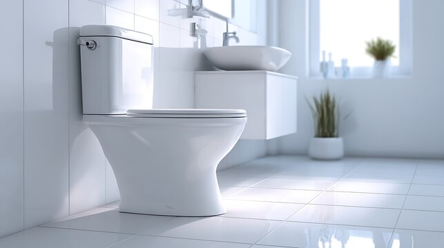 Modern white ceramic toilet in a bright and clean bathroom with a sink and plant.