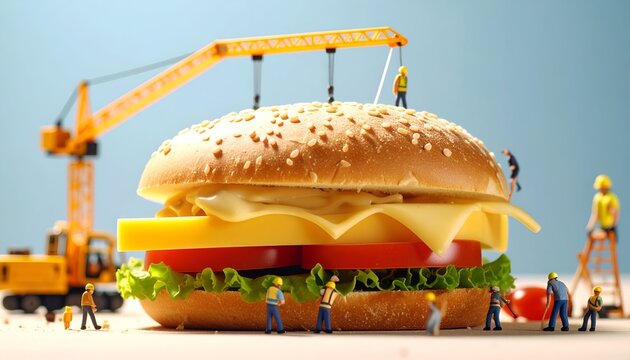 Creative Miniature Diorama Concept Tiny Construction Workers Building Giant Tasty Burger