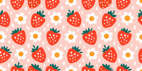A playful pattern featuring strawberries flowers and delicate pink accents
