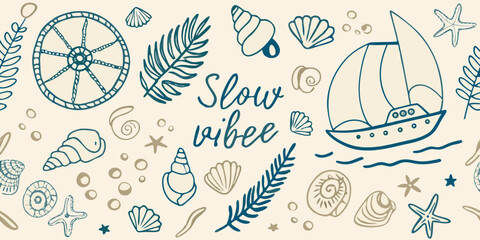 Coastal themed doodle pattern with shells a ship and handwritten text © Bebdas