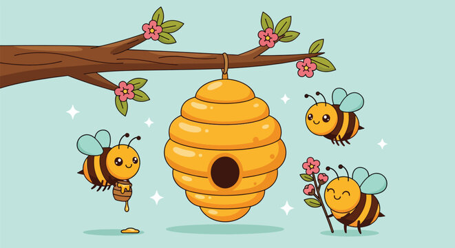 Cute cartoon bees and beehive hanging from a tree branch in a spring nature scene.