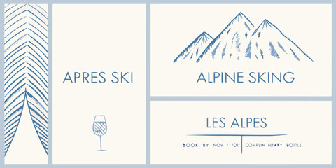 Graphic design featuring mountains ski themes and a wine glass © Bebdas