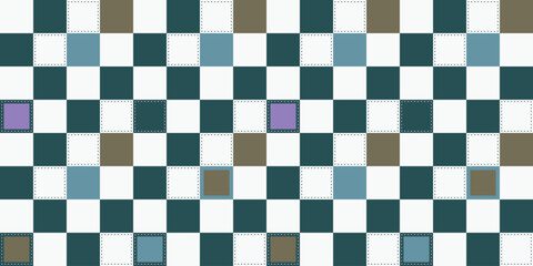 Obraz premium Abstract geometric seamless checkerboard pattern with teal, blue, and brown squares and dashed line accents for modern minimalist decor.
