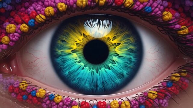 Vibrant human eye with colorful, microscopic organic structures on eyelids