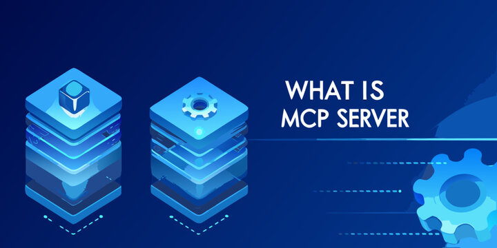 Isometric illustration depicting stacked server icons and text what is mcp server