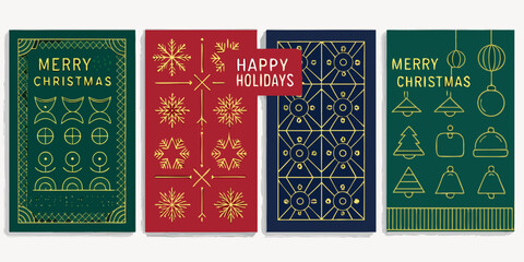 Three festive holiday cards with geometric designs and seasonal greetings © Bebdas