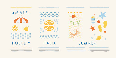 Colorful summer illustration featuring amalfi coast themed icons and text © Bebdas
