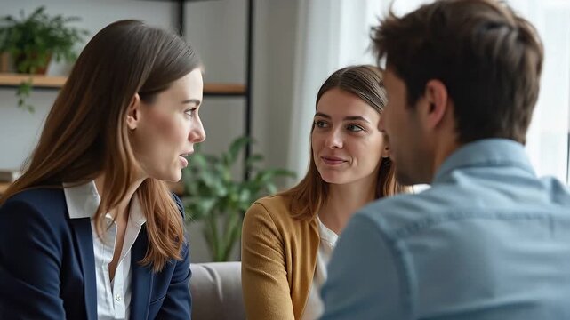 Relationship Counseling: Couple talking with therapist inside psychologist office
