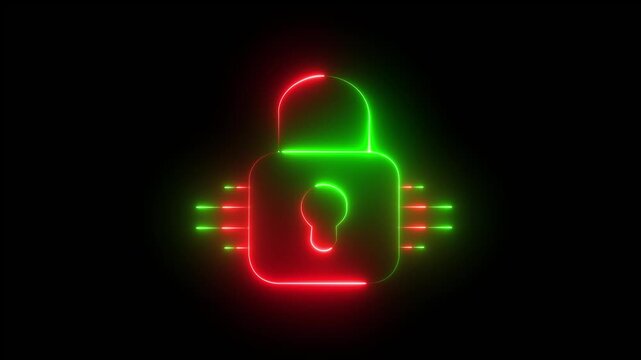 Futuristic neon digital lock icon with data lines for cyber security internet, safety first shield binary interface web security electronic guard.