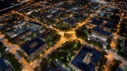 An elevated nighttime aerial view reveals a sprawling urban cityscape with intricate networks of illuminated streets buildings and green spaces