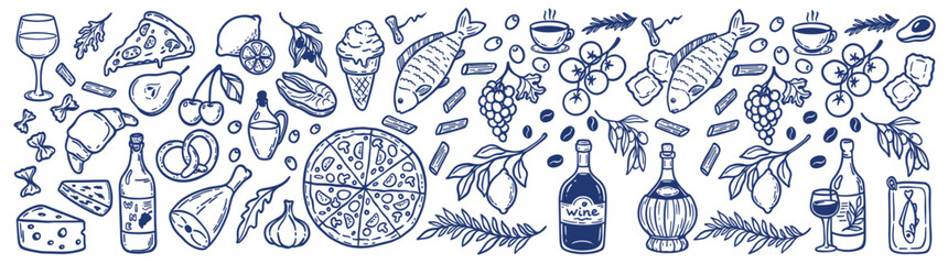 Italian Food and Drink Doodle Set with Pizza Pasta Wine Cheese and Fish Hand Drawn Sketches for Restaurant Menu and Kitchen Wallpaper Isolated on White Background