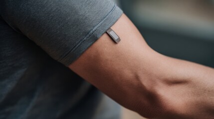 close up of stylish wearable medical sensor on arm, natural skin texture, soft daylight, health conscious lifestyle, minimal realistic photography
