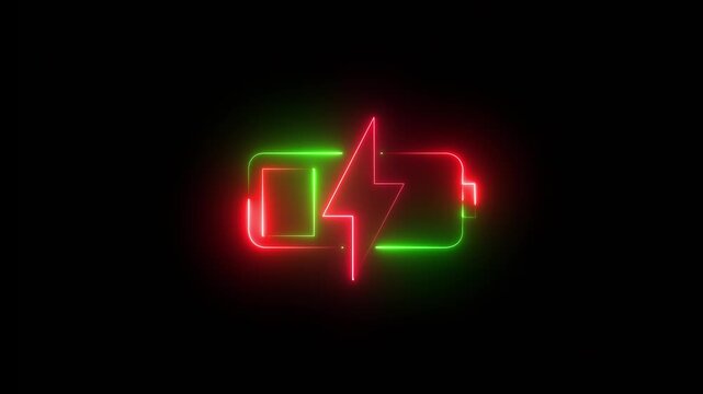 Neon battery charging icon with lightning bolt charging, neon electric flash symbol technology energy power lightning indicator, voltage, fuel. 