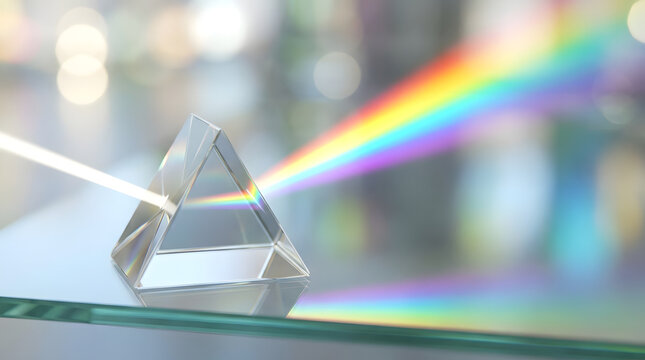 White light beam refracting through a crystal glass prism creating a vibrant rainbow spectrum on a reflective surface with soft bokeh background.