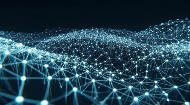 Abstract network of glowing nodes and lines in digital landscape  