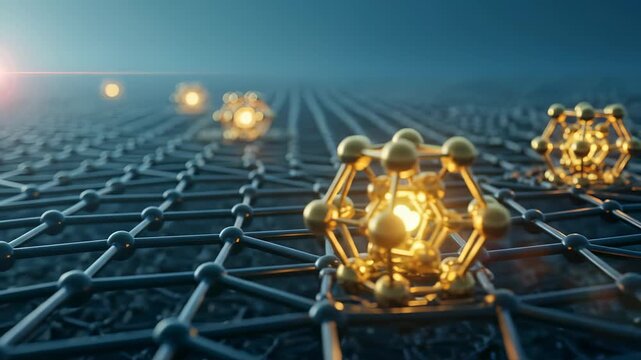 Abstract 3D illustration of a molecular lattice structure with glowing golden clusters, representing nanotechnology, quantum physics, and scientific innovation in medicine.