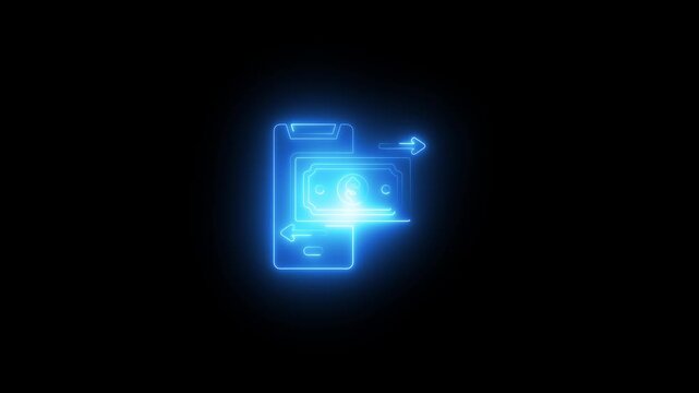 Neon Blue Dollar Bill and Mobile Payment Symbols on Black Background