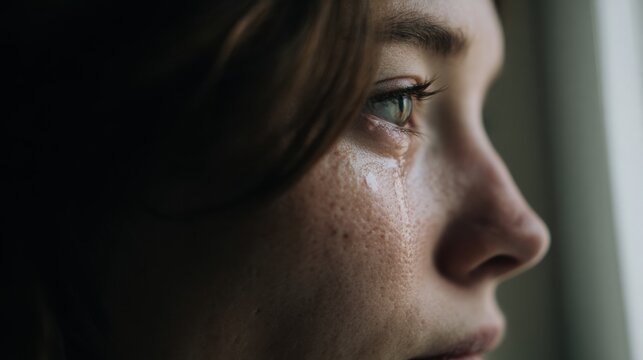 emotional candid portrait of person quietly crying near window, soft natural light, honest vulnerable moment, no makeup, natural skin texture, calm