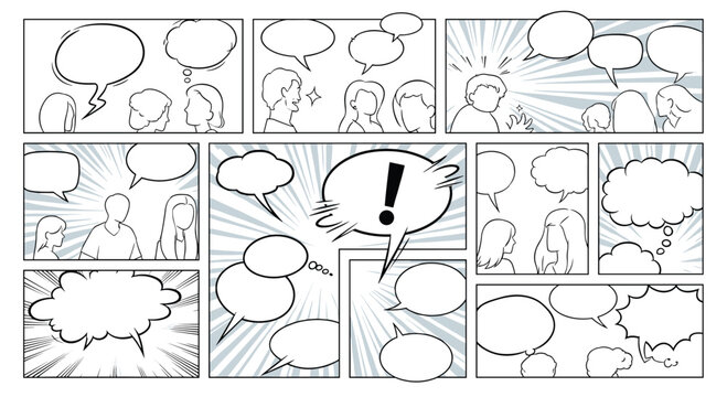 Comic book layout template featuring multiple panels with people in various dialogue scenes and empty speech bubbles for text.
