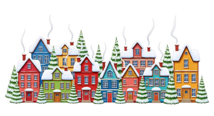 Fototapeta premium Whimsical Snowy Village Holiday Scene with Colorful Houses and Trees