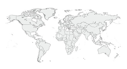 Fototapeta premium Simple gray world map showing all continents and country borders is isolated on a white background for educational geography and travel designs.