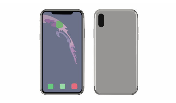 Flat vector illustration of iPhone X front and back with face unlock interface and Apple smartphone design