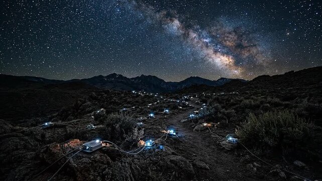 Soil sensor network under starry sky with milky way above rugged landscape guiding nighttime trail with glowing nodes and modules evoke quiet wonder