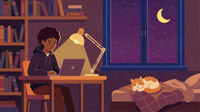 2D flat vector illustration of a cozy lofi aesthetic bedroom at night with a student studying on a laptop.
