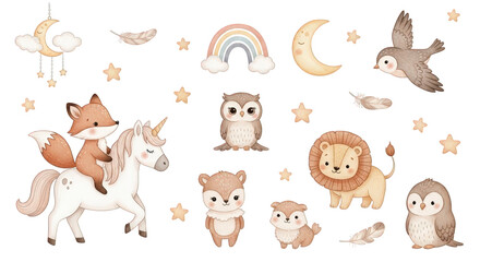 Fototapeta premium Whimsical Woodland Creatures and Celestial Elements Illustration
