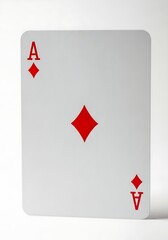 Fototapeta premium A lone Ace of Diamonds playing card with clean rounded corners and bold red icons over a white backdrop.
