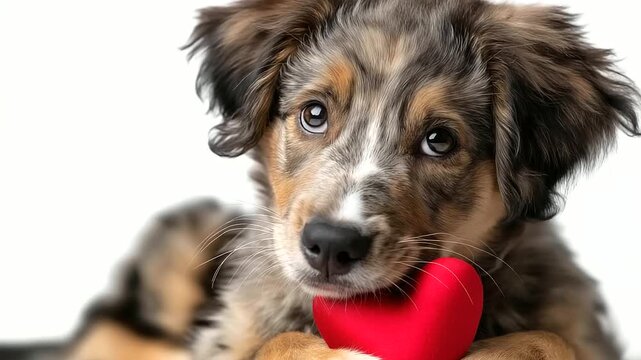 Cute puppy dog holding red heart in mouth, Valentine's Day portrait, border collie breed, isolated on white background, lovely dog in love, pet giving gift gesture, faceless dog