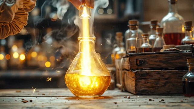 An alchemist's hand reaches for a glowing golden elixir in a glass flask amidst smoke and vintage bottles on a rustic wooden table in a mysterious medieval laboratory setting.