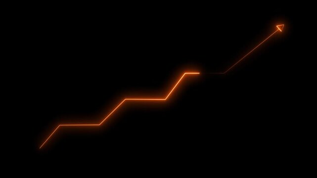 Business growth arrow neon bright line orange color animation. Abstract dashed arrow pointing upwards, showing growth and progress black backgrond 4k video. 