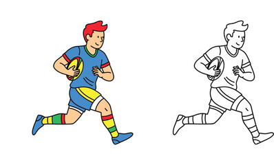 Vector illustration of a male rugby player running with ball, featuring both full color and black and white outline versions for coloring book.
